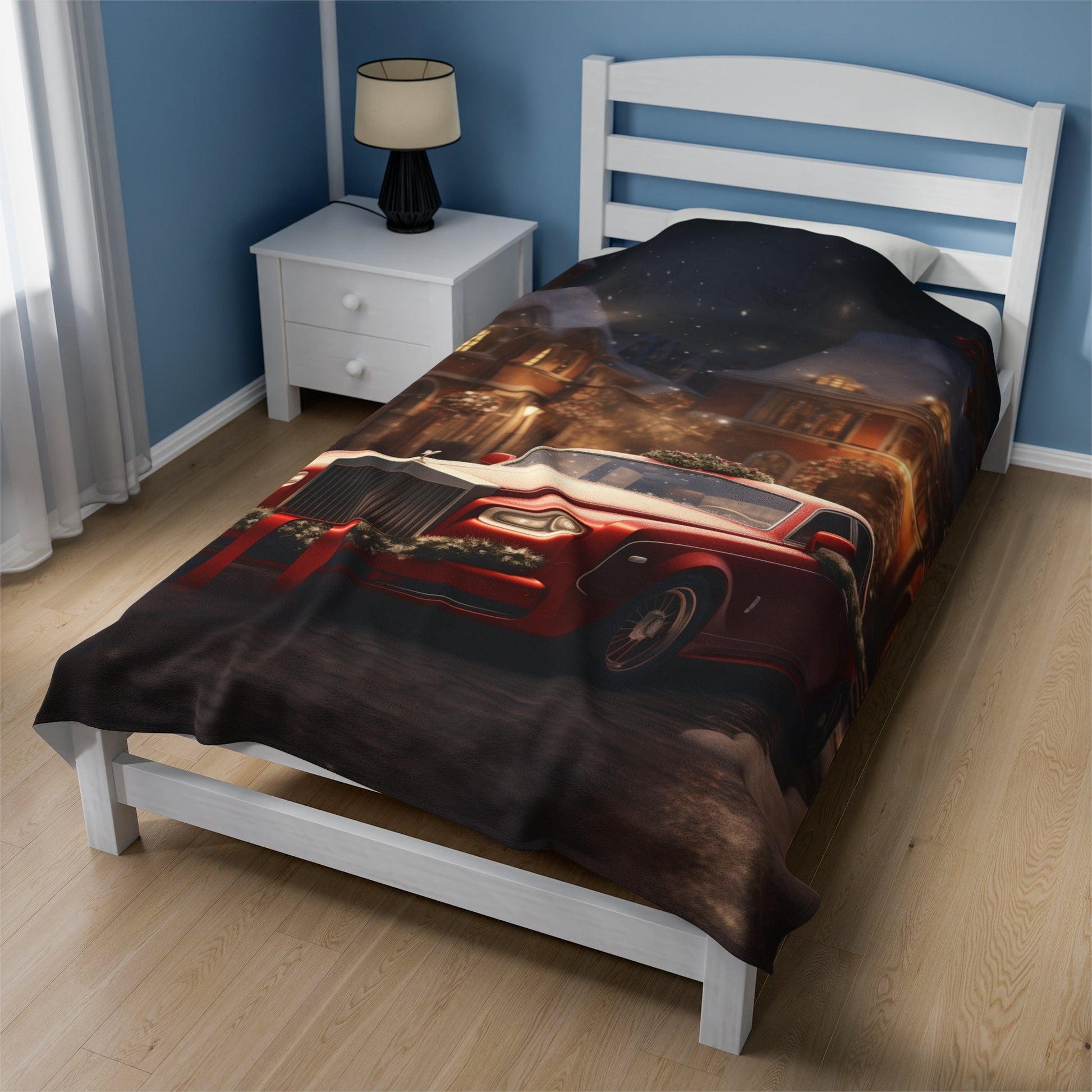 Velveteen Plush Blanket, Holiday Red Rolls-Royce Xmas luxury car scene stylish cozy warm fireplace couch bed chair TV cuddle fleece throw