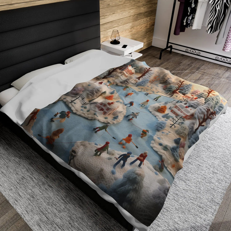 Velveteen Xmas Holiday Plush Blanket any room child bedroom ice skating festive family portraot design soft cozy winter bedspread throw The Aurora Touch
