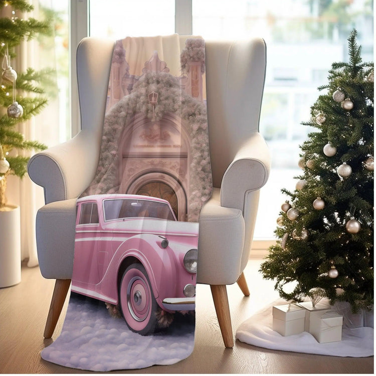 Velveteen Plush Blanket, Pretty in pink luxury classic car image living room bedroom couch fancy soft comfy throw quilt great for holiday The Aurora Touch