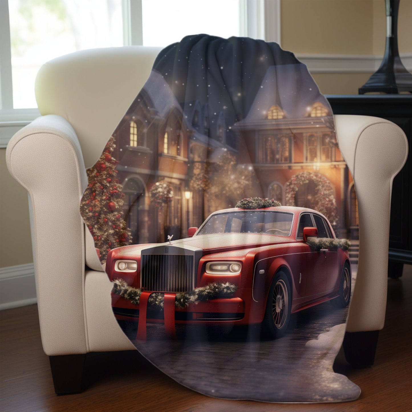 Velveteen Plush Blanket, Holiday Red Rolls-Royce Xmas luxury car scene stylish cozy warm fireplace couch bed chair TV cuddle fleece throw