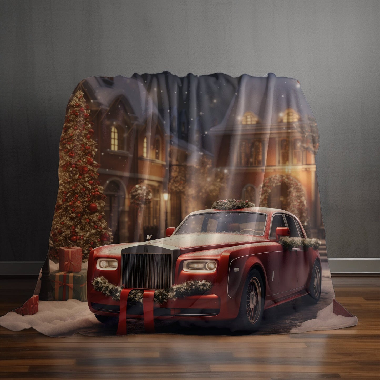 Velveteen Plush Blanket, Holiday Red Rolls-Royce Xmas luxury car scene stylish cozy warm fireplace couch bed chair TV cuddle fleece throw