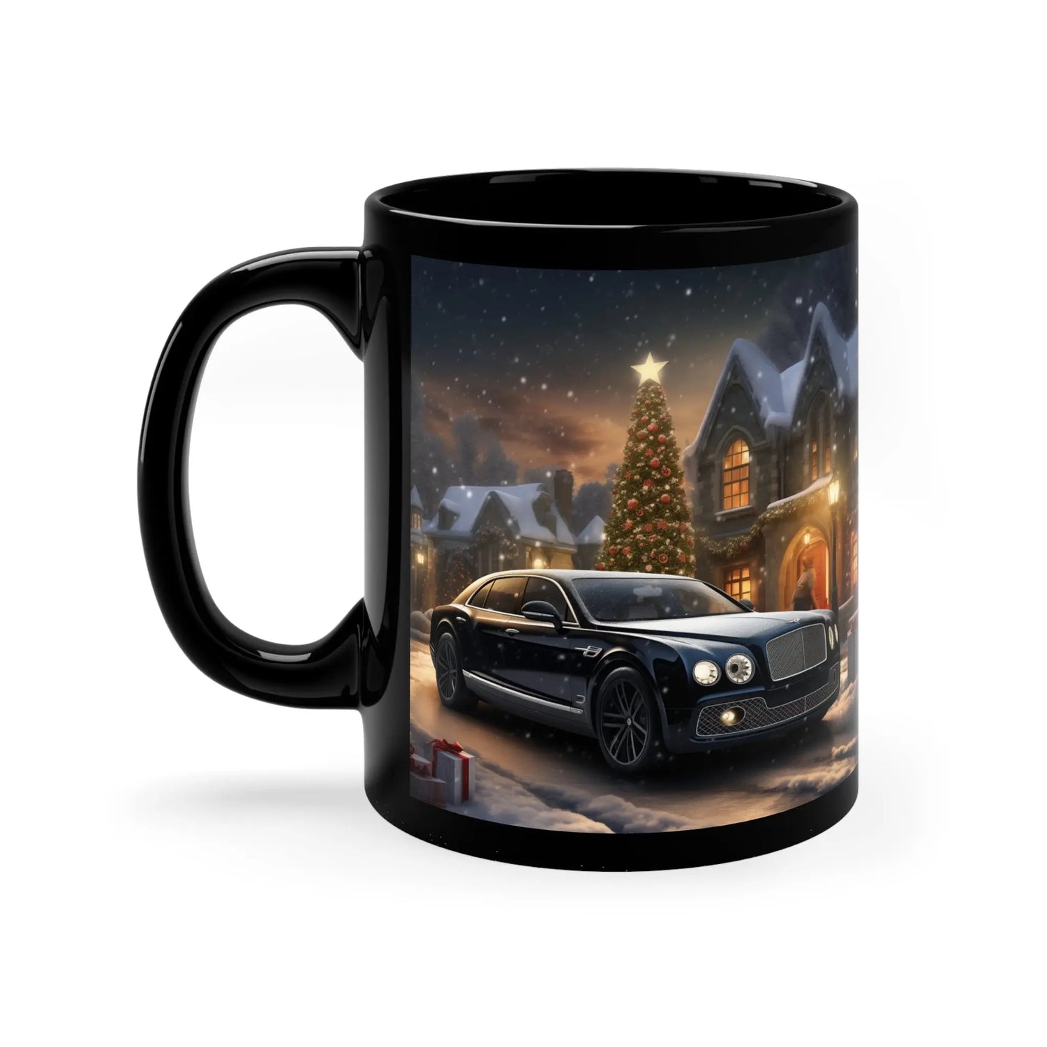 11oz Black Mug, Executive holiday luxury designer black Bentley ceo boss xmas scene stylish fancy mug The Aurora Touch