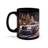 11oz Black Mug, Designer Rolls Royce holiday white Xmas portrait stylish home office decor everyday beverage mug The Aurora Touch