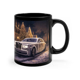 11oz Black Mug, Designer Rolls Royce holiday white Xmas portrait stylish home office decor everyday beverage mug The Aurora Touch