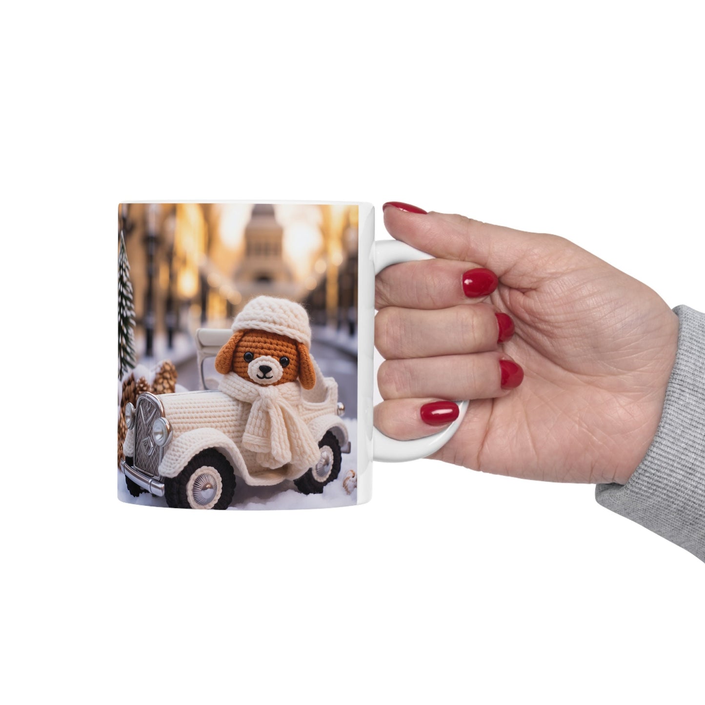 Taza de cerámica de 11 oz, diseño de crochet, taza navideña, taza de café, taza de té caliente, taza de diseñador, tazas navideñas novedosas, hombre de jengibre