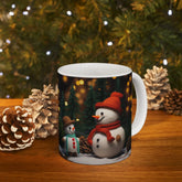 Ceramic Mug 11oz, snowman, Holiday mugs, Xmas Art, Hot Chocolate Mug, Gift for teacher, gift for nurse, Crochet Snowman The Aurora Touch