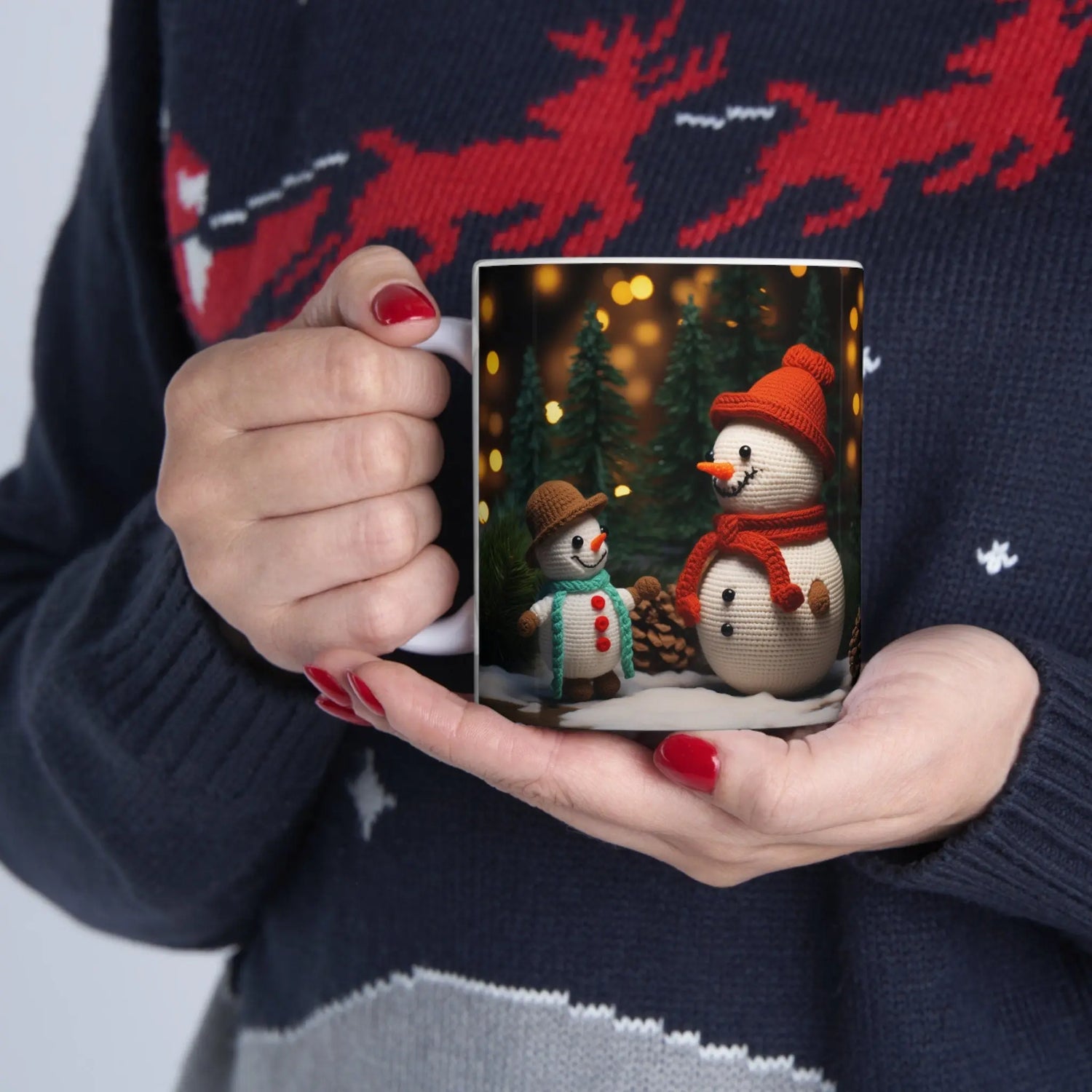 Ceramic Mug 11oz, snowman, Holiday mugs, Xmas Art, Hot Chocolate Mug, Gift for teacher, gift for nurse, Crochet Snowman The Aurora Touch