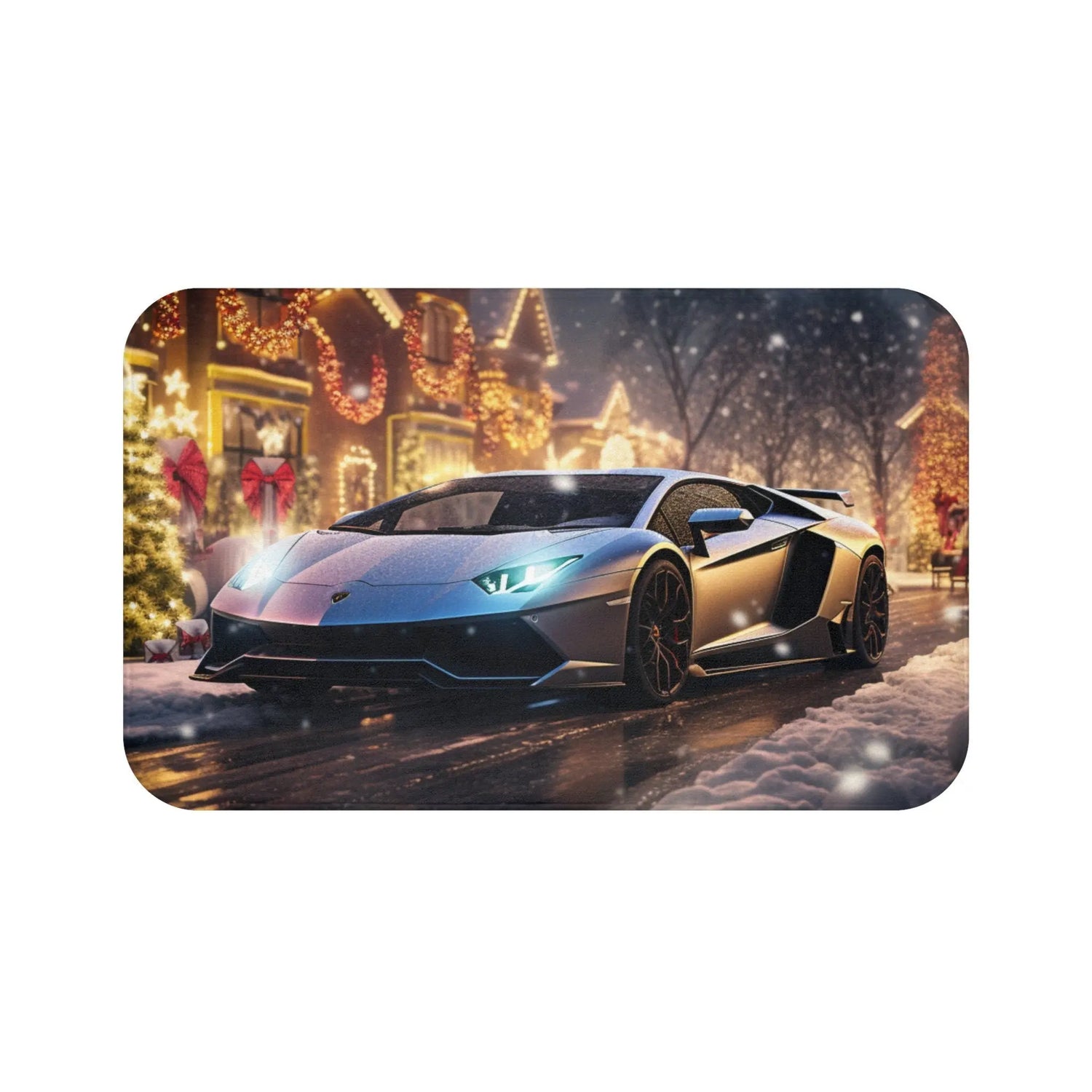 Lamborghini Holiday Scene Bath Mat - Luxury Car Decor, Festive Bathroom Rug, Customizable Gift The Aurora Touch