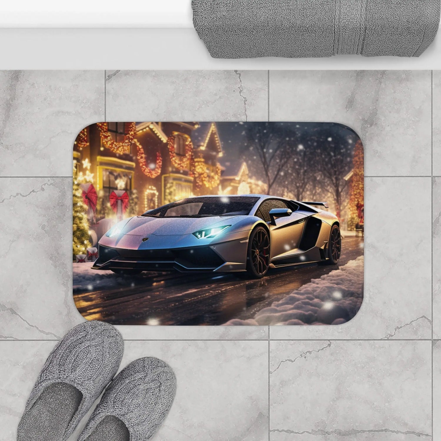 Lamborghini Holiday Scene Bath Mat - Luxury Car Decor, Festive Bathroom Rug, Customizable Gift The Aurora Touch