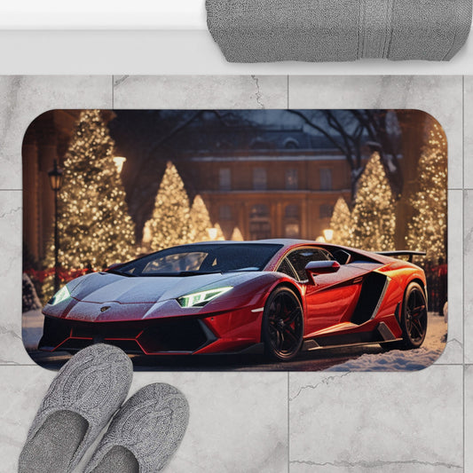 Red Lamborghini Holiday Scenery Bath Mat | Luxury Car Decor | Christmas Gift Ideas