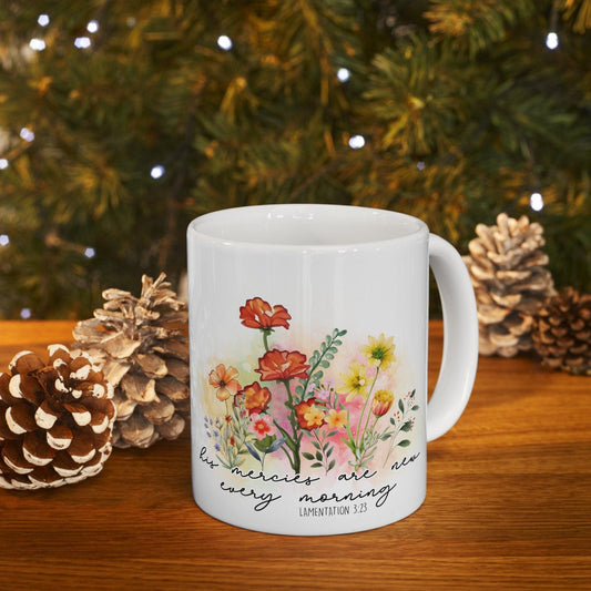 Ceramic Mug 11oz, Positive empowerment Jewish faith floral design coffee tea Bat Mitzvah gift