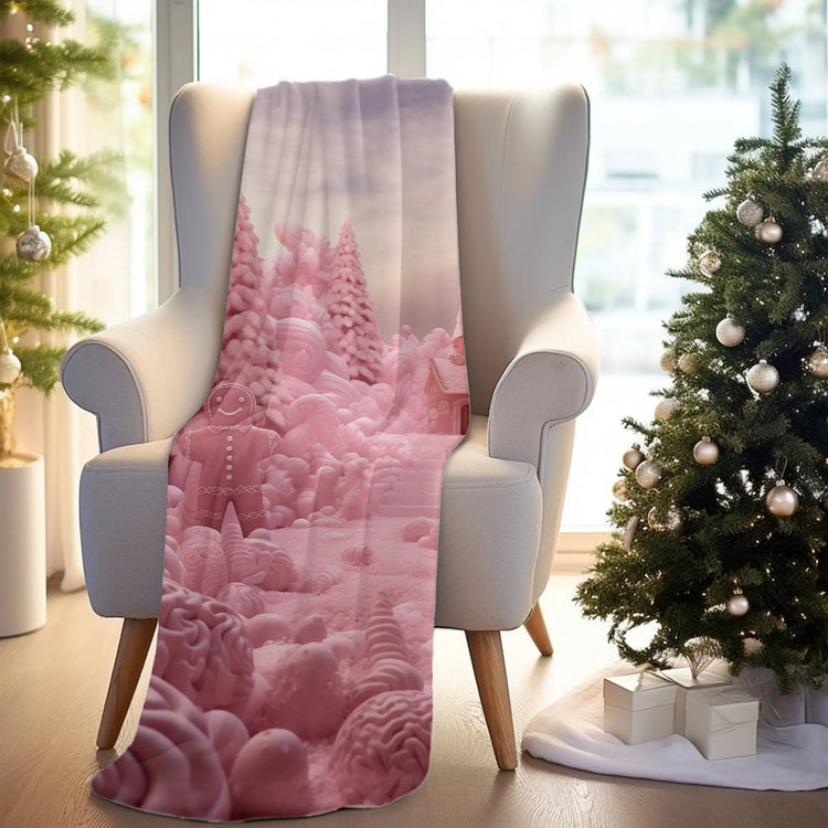 Christmas Gingerbread Man Velveteen Plush Blanket, Pink Bedspread, Soft Fleece Throw, Child Bed Cover, Holiday Gift Idea The Aurora Touch