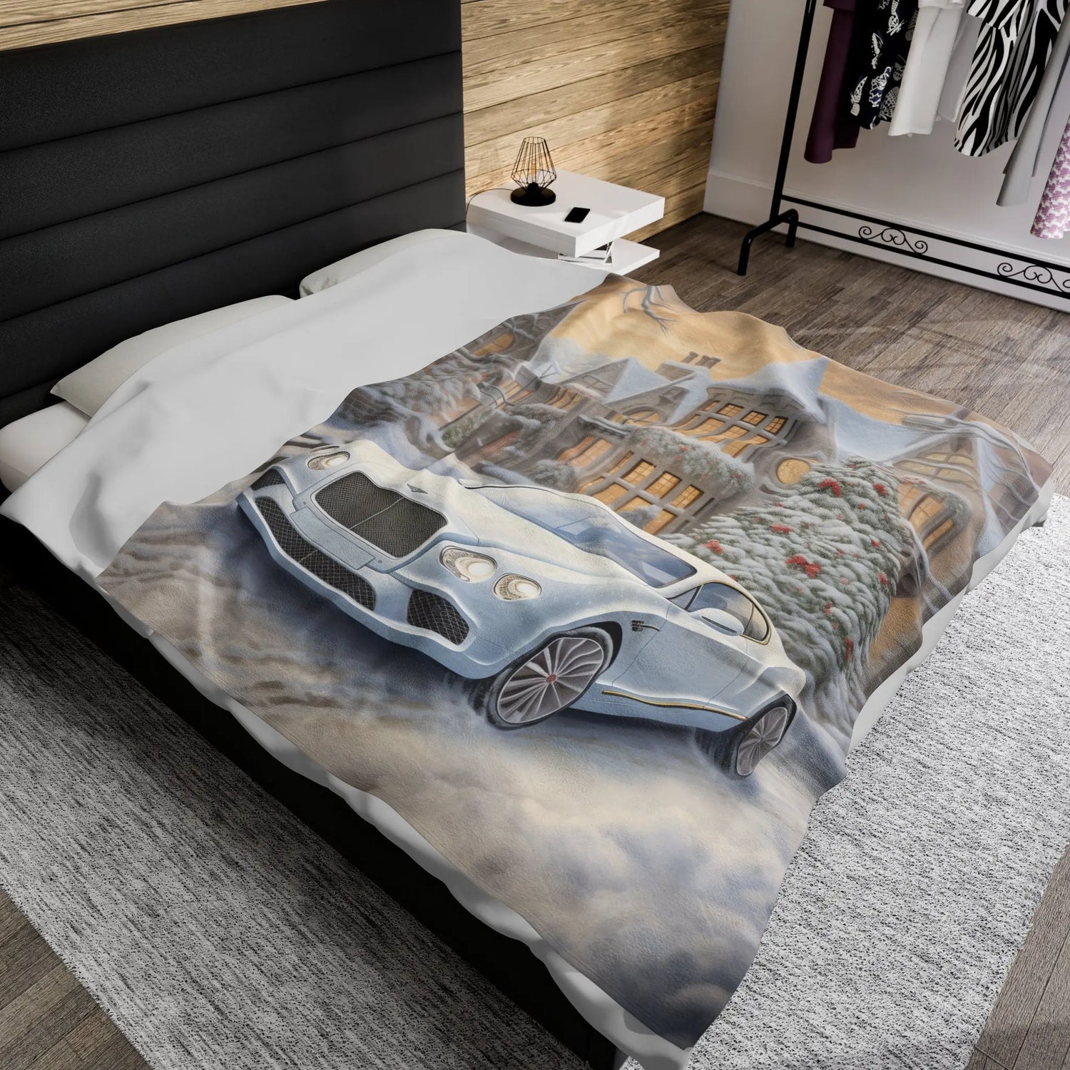 Velveteen Plush Blanket, Luxury fancy white Bentley exotic car portrait living room bedroom Xmas holiday warm soft cuddly decor couch throw The Aurora Touch