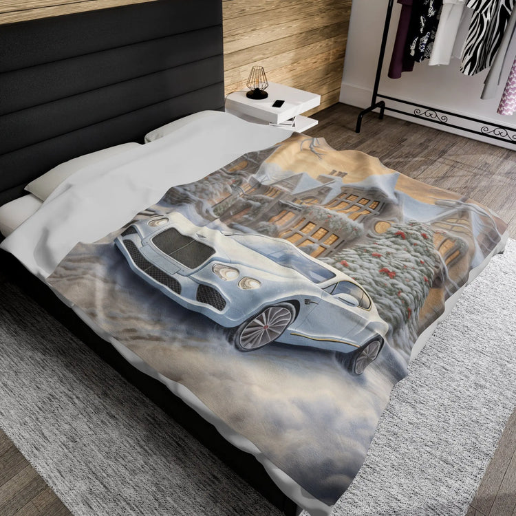 Velveteen Plush Blanket, Luxury fancy white Bentley exotic car portrait living room bedroom Xmas holiday warm soft cuddly decor couch throw The Aurora Touch