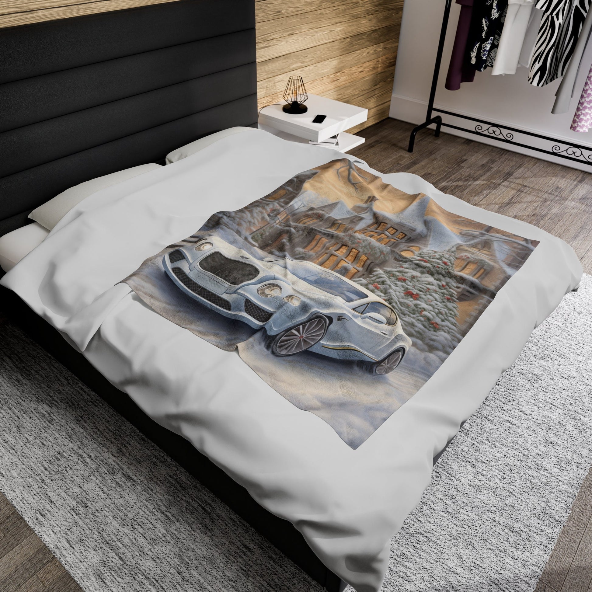 Velveteen Plush Blanket, Luxury fancy white Bentley exotic car portrait living room bedroom Xmas holiday warm soft cuddly decor couch throw