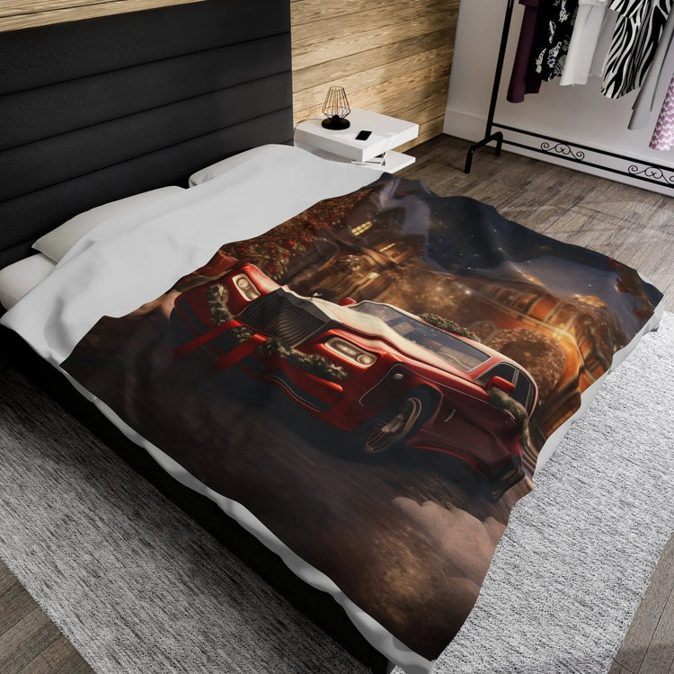 Velveteen Plush Blanket, Holiday Red Rolls-Royce Xmas luxury car scene stylish cozy warm fireplace couch bed chair TV cuddle fleece throw The Aurora Touch