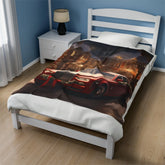 Velveteen Plush Blanket, Holiday Red Rolls-Royce Xmas luxury car scene stylish cozy warm fireplace couch bed chair TV cuddle fleece throw The Aurora Touch