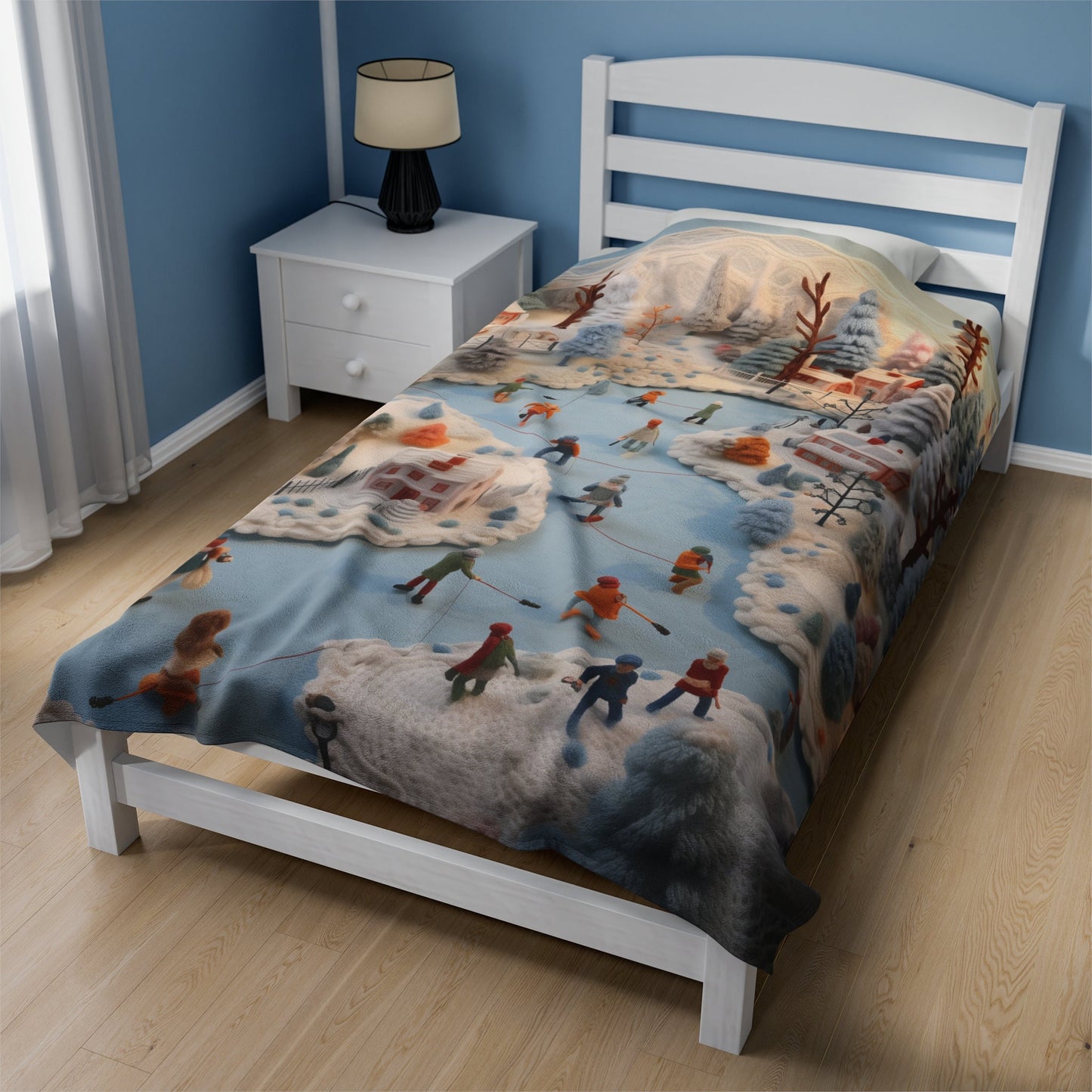 Velveteen Xmas Holiday Plush Blanket any room child bedroom ice skating festive family portraot design soft cozy winter bedspread throw