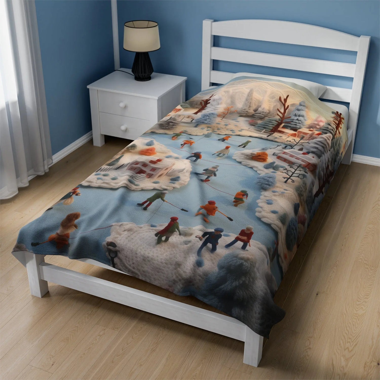 Velveteen Xmas Holiday Plush Blanket any room child bedroom ice skating festive family portraot design soft cozy winter bedspread throw The Aurora Touch