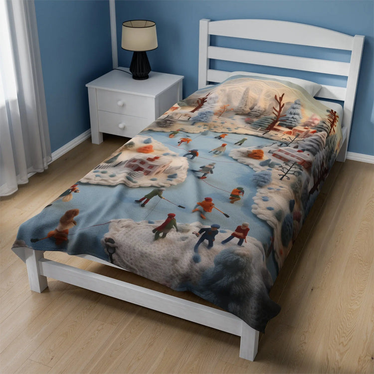 Velveteen Xmas Holiday Plush Blanket any room child bedroom ice skating festive family portraot design soft cozy winter bedspread throw The Aurora Touch