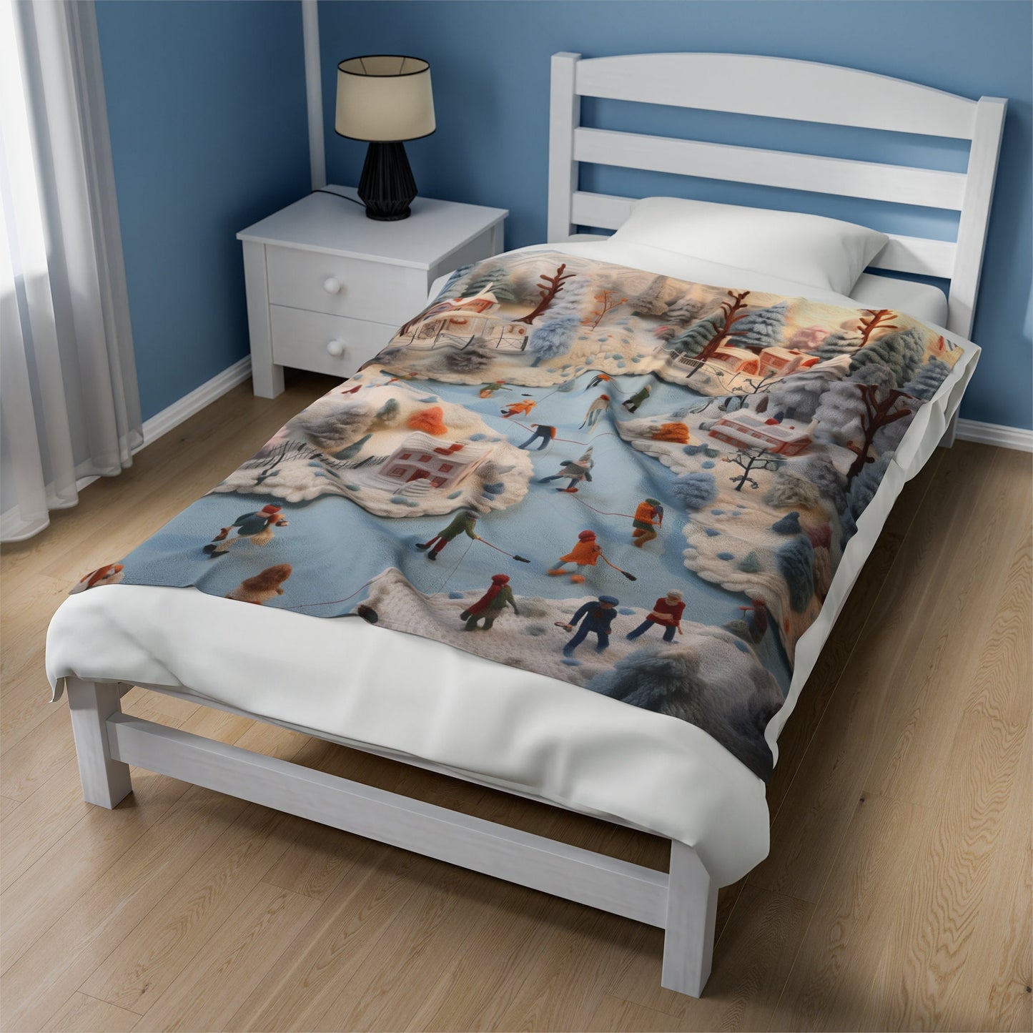Velveteen Xmas Holiday Plush Blanket any room child bedroom ice skating festive family portraot design soft cozy winter bedspread throw