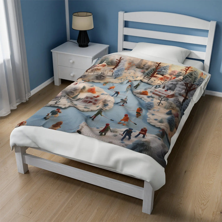 Velveteen Xmas Holiday Plush Blanket any room child bedroom ice skating festive family portraot design soft cozy winter bedspread throw The Aurora Touch
