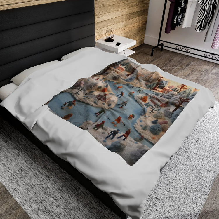 Velveteen Xmas Holiday Plush Blanket any room child bedroom ice skating festive family portraot design soft cozy winter bedspread throw