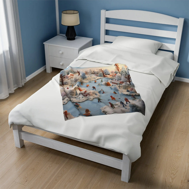 Velveteen Xmas Holiday Plush Blanket any room child bedroom ice skating festive family portraot design soft cozy winter bedspread throw