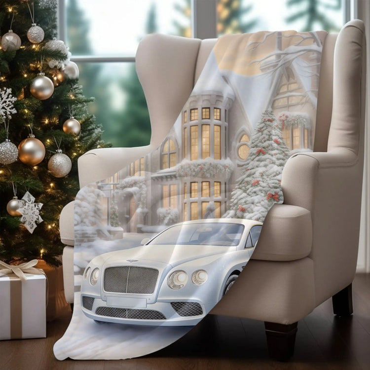 Velveteen Plush Blanket, Luxury fancy white Bentley exotic car portrait living room bedroom Xmas holiday warm soft cuddly decor couch throw The Aurora Touch