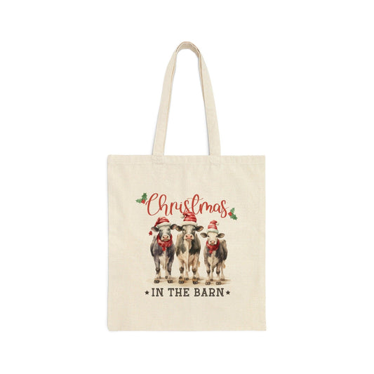 Farm House Country Xmas Cotton Canvas Tote Bag, Holiday Travel Gift Bags, Hand Crafted Shopping Bag
