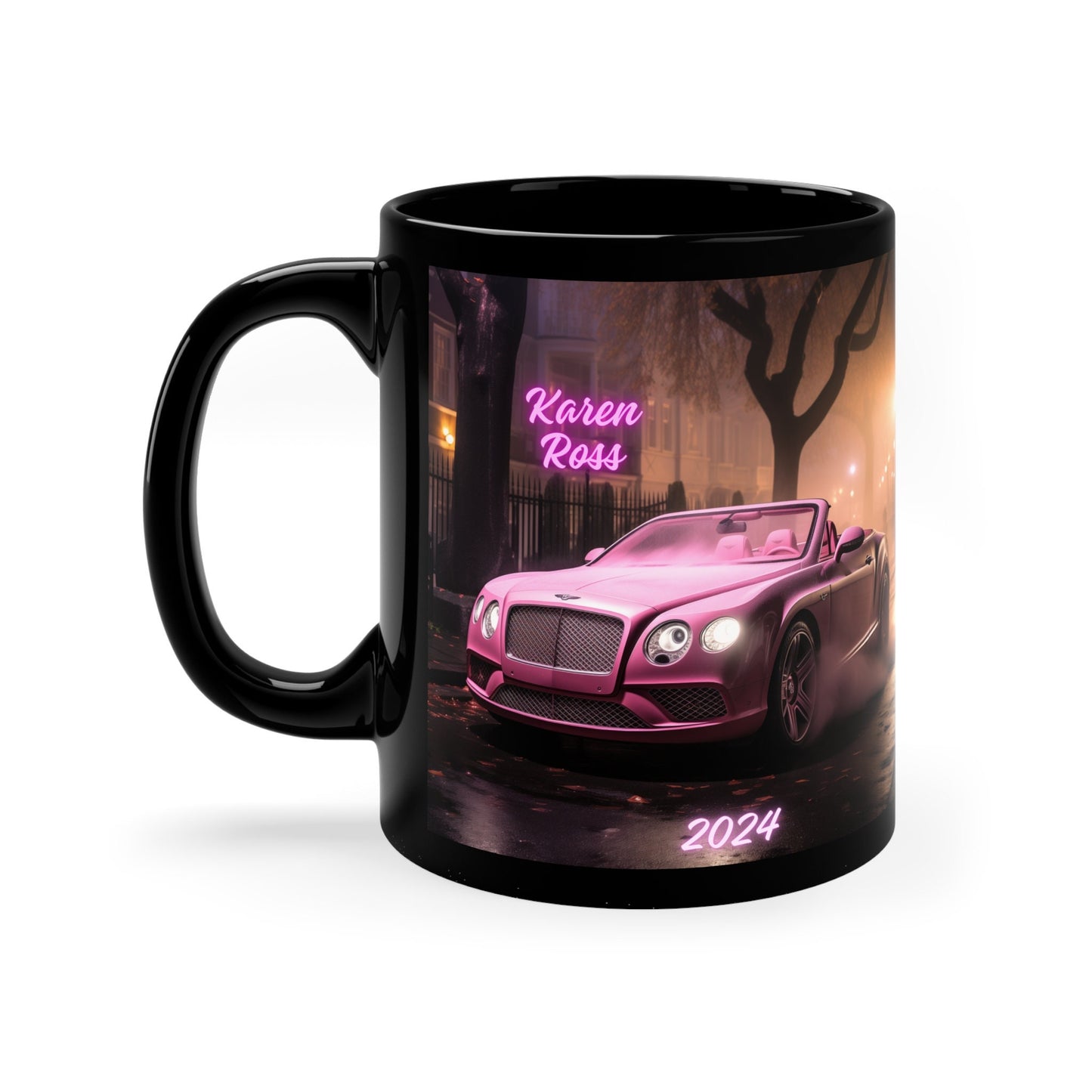 11oz Black Mug, Personalized Mug, Luxury mug, Pink Bentley, Portrait of a Bentley, Luxury pink car, gift for daughter, Gift for Wife