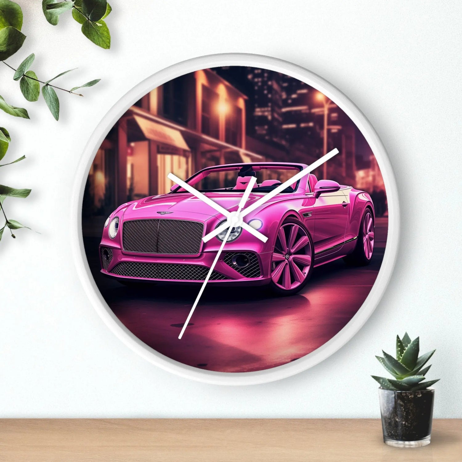 Wall Clock, Pink Bentley exotic vibrant fancy Barbie car design for bedroom hallway living room office upscale luxury wall art home decor