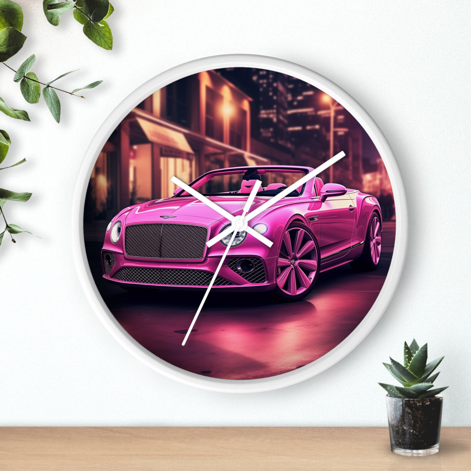 Wall Clock, Pink Bentley exotic vibrant fancy Barbie car design for bedroom hallway living room office upscale luxury wall art home decor