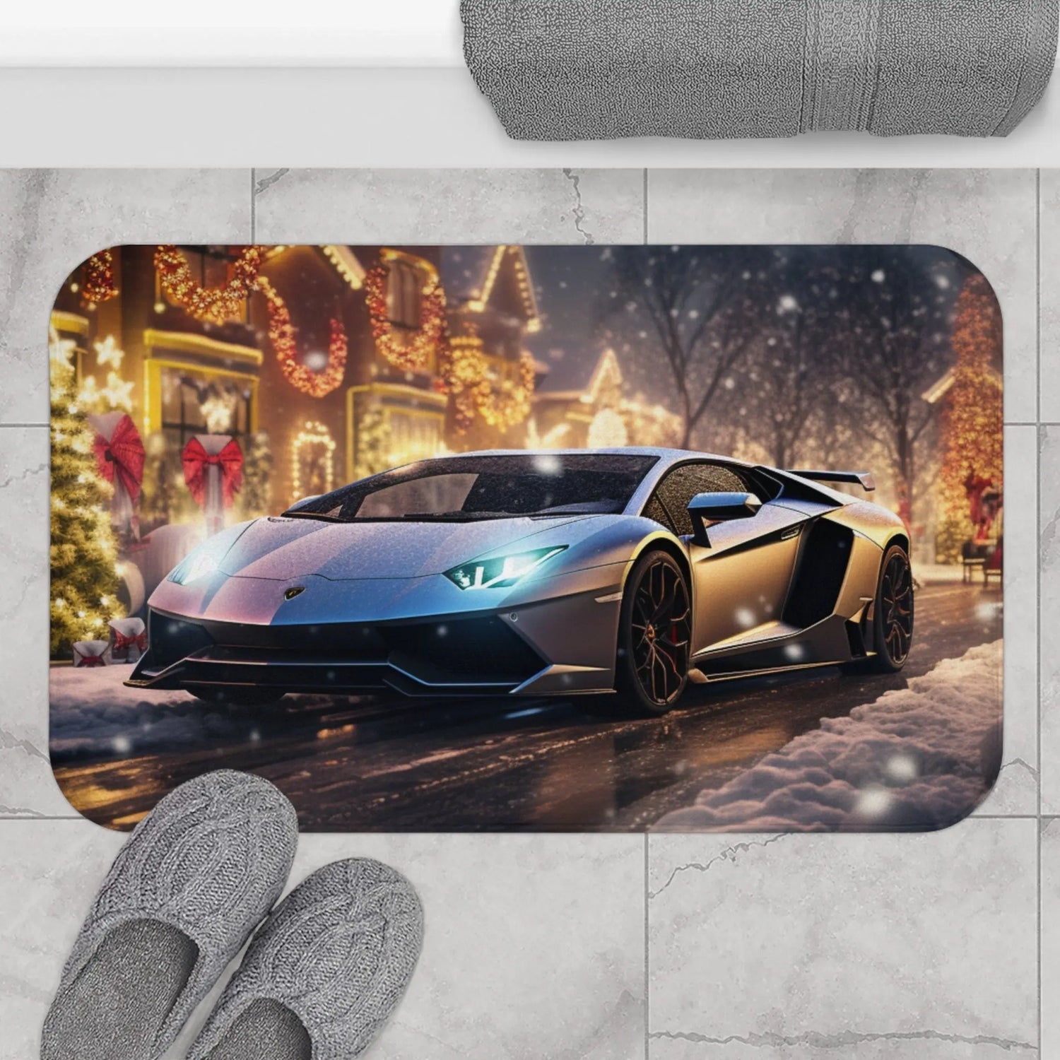 Lamborghini Holiday Scene Bath Mat - Luxury Car Decor, Festive Bathroom Rug, Customizable Gift The Aurora Touch