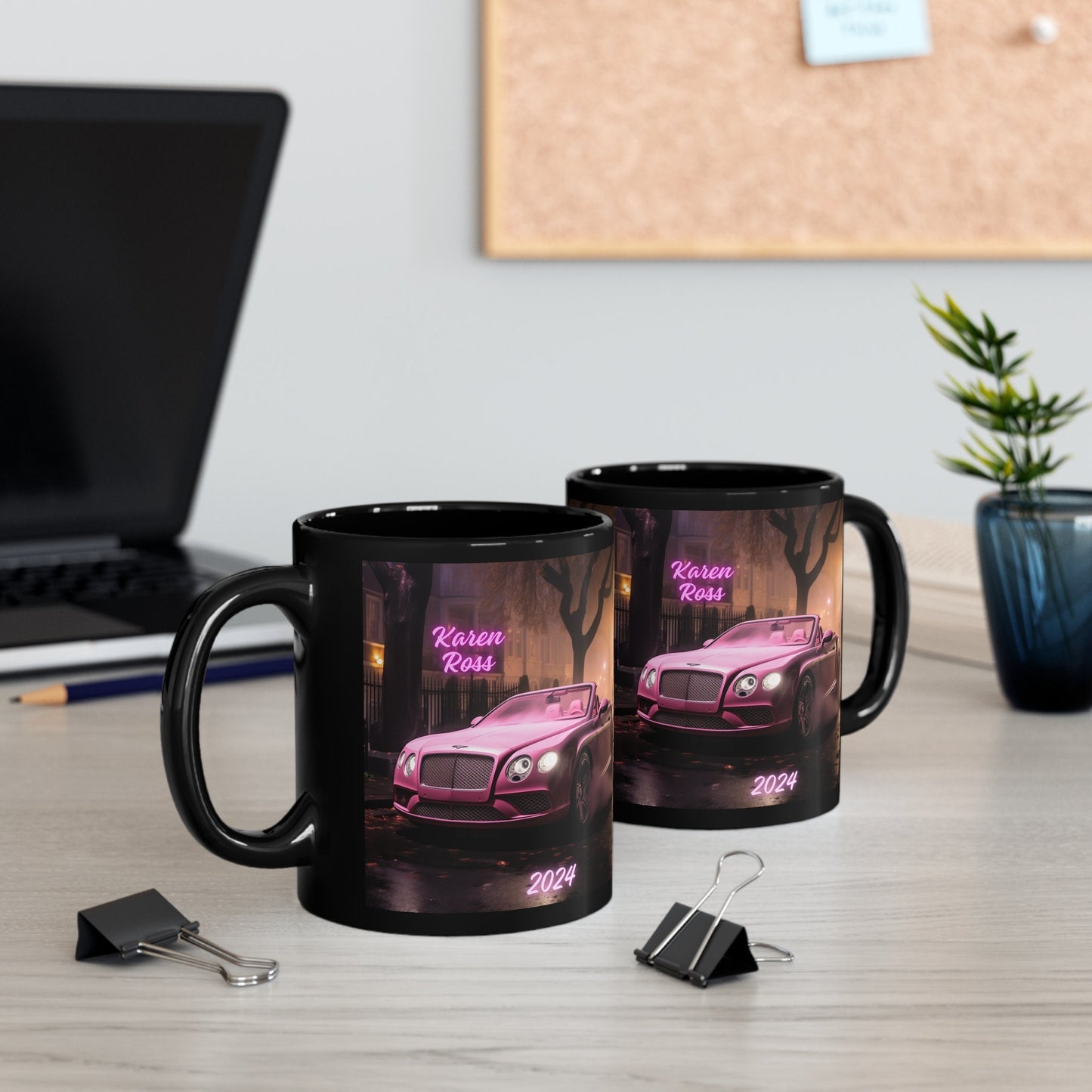 11oz Black Mug, Personalized Mug, Luxury mug, Pink Bentley, Portrait of a Bentley, Luxury pink car, gift for daughter, Gift for Wife