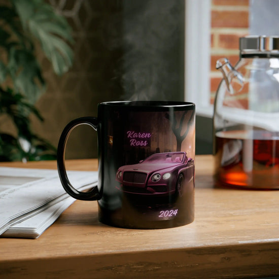 11oz Black Mug, Personalized Mug, Luxury mug, Pink Bentley, Portrait of a Bentley, Luxury pink car, gift for daughter, Gift for Wife The Aurora Touch