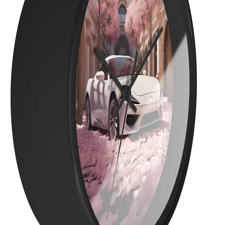 Wall Clock, White Lamborghini modern day exotic car portrait home room soft pink rose petal wall art decor designer Gift The Aurora Touch