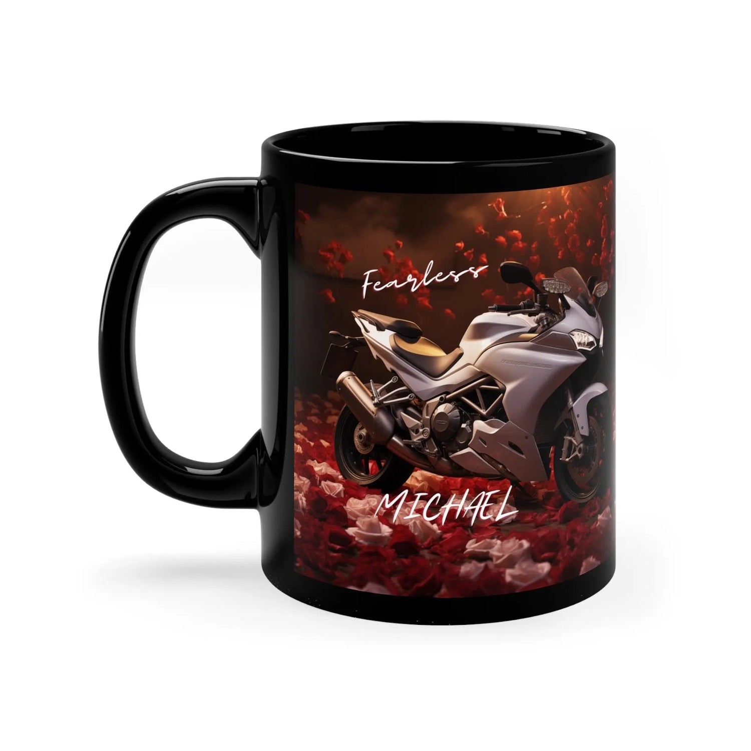 11oz Black Mug, Personalized stylish Ducatti motorcycle design fancy bike portrait beverage cup great for Bachelor boyfriend husband The Aurora Touch