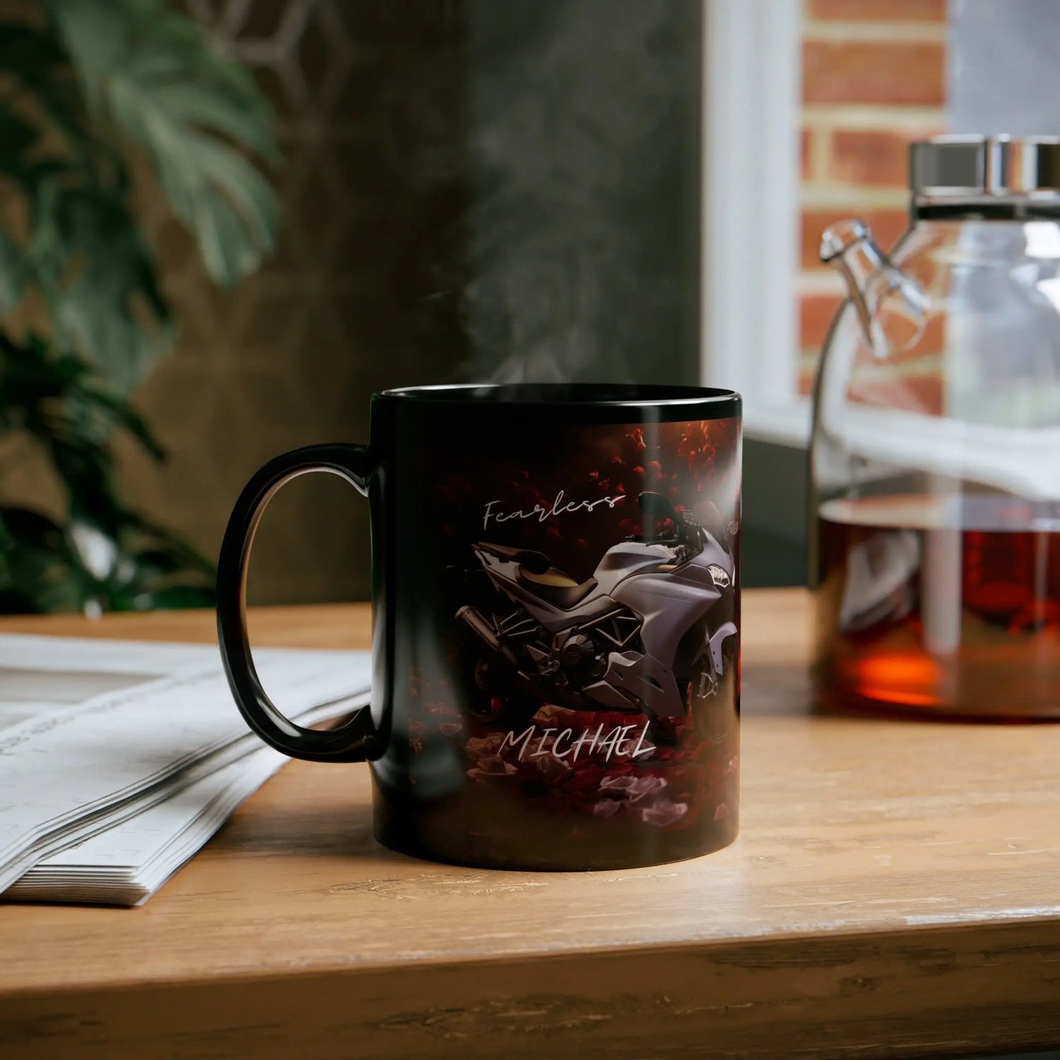 11oz Black Mug, Personalized stylish Ducatti motorcycle design fancy bike portrait beverage cup great for Bachelor boyfriend husband The Aurora Touch