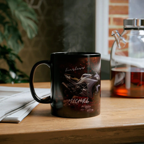 11oz Black Mug, Personalized stylish Ducatti motorcycle design fancy bike portrait beverage cup great for Bachelor boyfriend husband The Aurora Touch