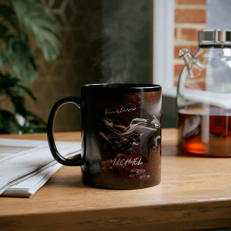 11oz Black Mug, Personalized stylish Ducatti motorcycle design fancy bike portrait beverage cup great for Bachelor boyfriend husband The Aurora Touch