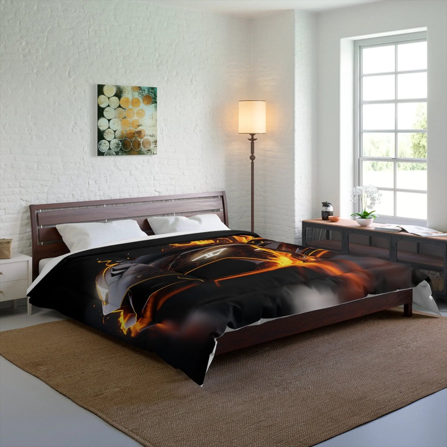 Comforter, Black racing car on fire Lamborghini soft comfy cozy warm stylish young teen bedspread bachelor room decor and great gift The Aurora Touch