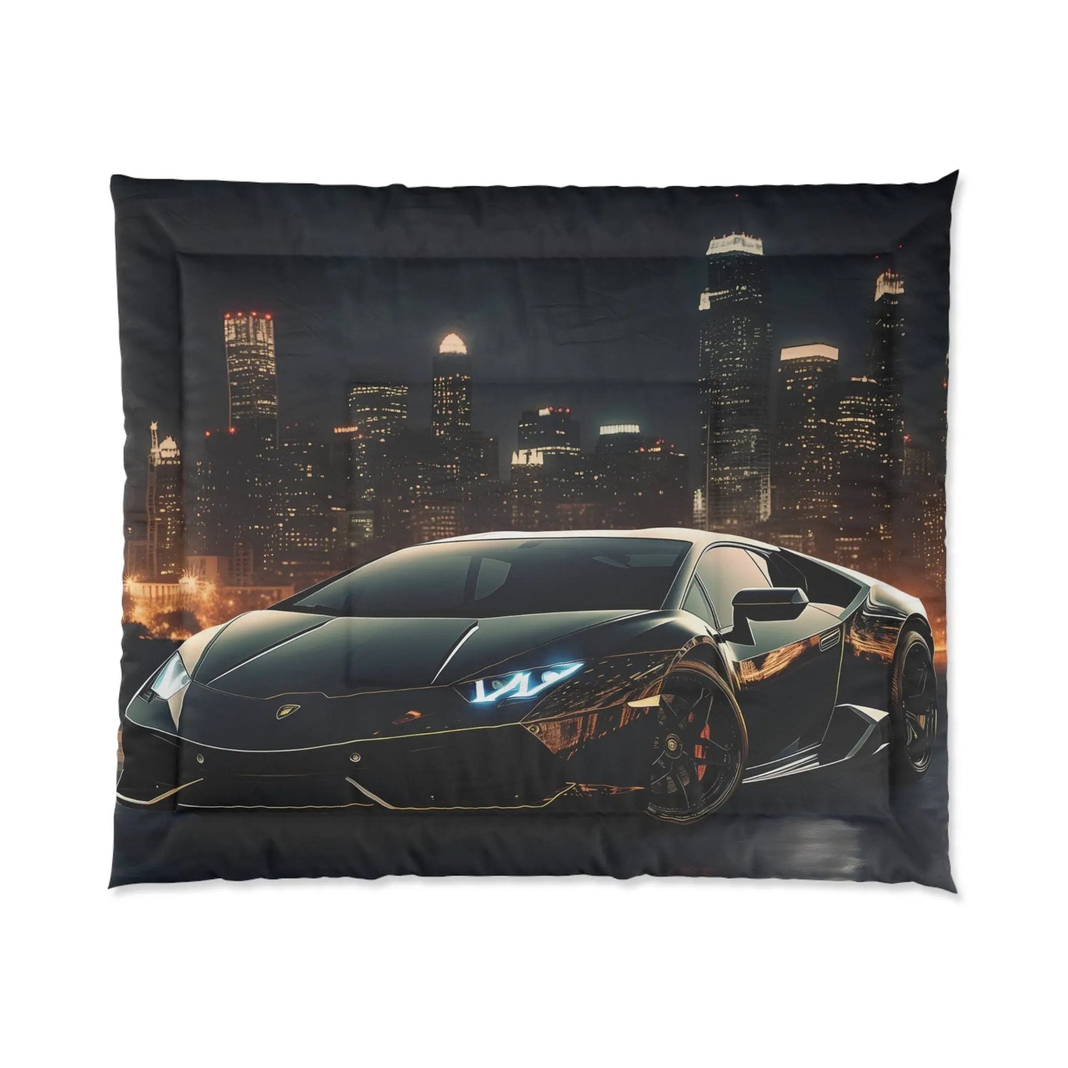 Comforter, Shiny Black Lamborghini designer style warm weather cozy fluffy unique bedspread quilt for Teen Room The Aurora Touch