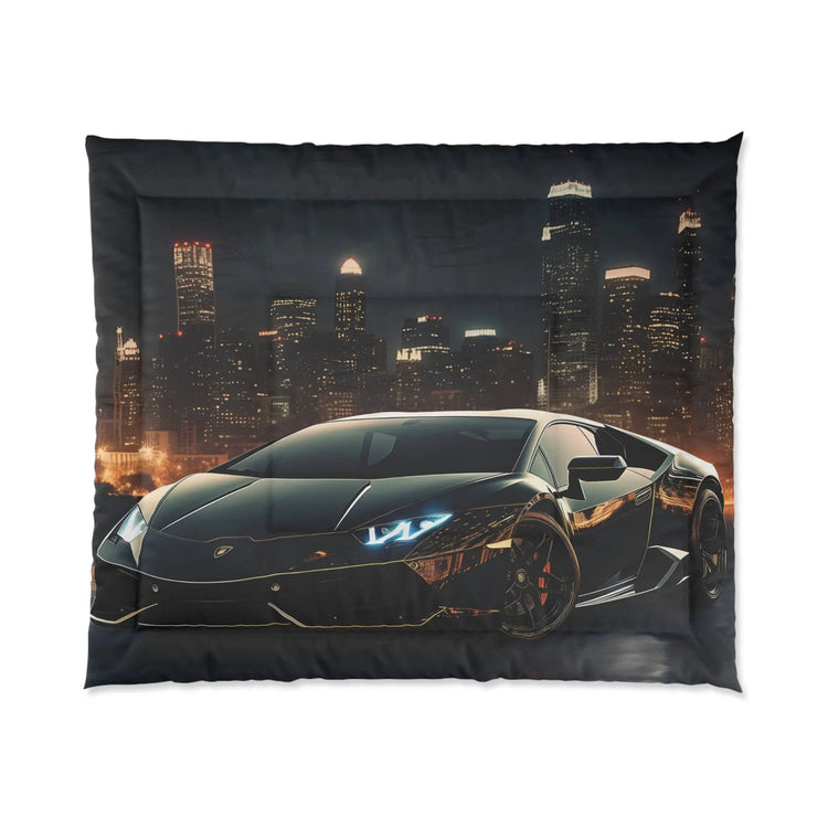 Comforter, Shiny Black Lamborghini designer style warm weather cozy fluffy unique bedspread quilt for Teen Room The Aurora Touch