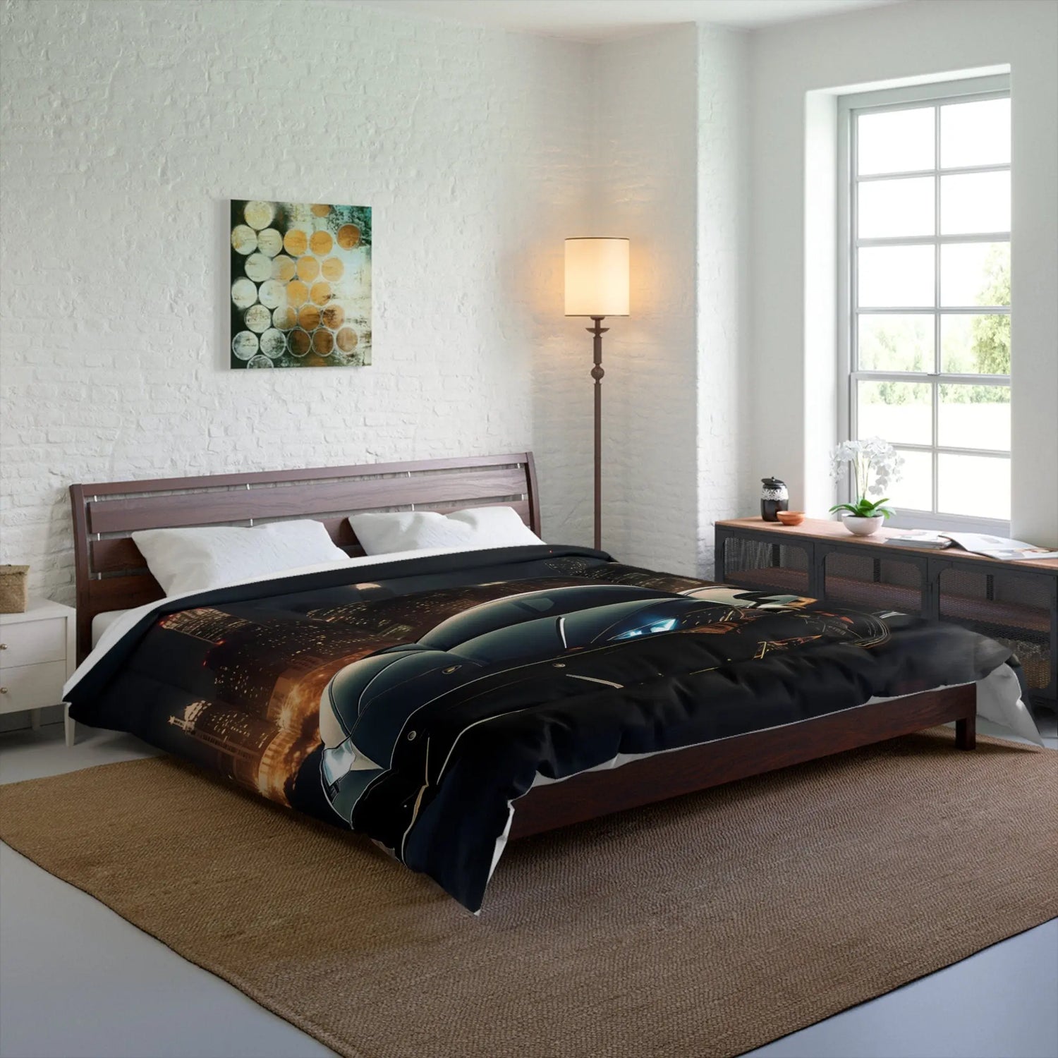 Comforter, Shiny Black Lamborghini designer style warm weather cozy fluffy unique bedspread quilt for Teen Room The Aurora Touch