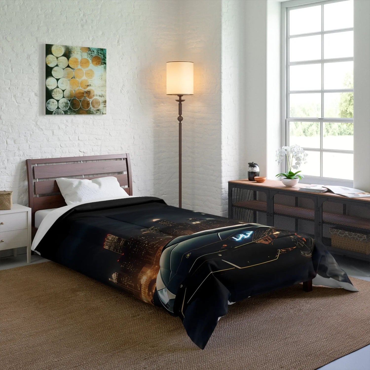 Comforter, Black Designer Quilt, Lamborghini Style Art, Fancy Cozy Warm Weather Comforter, Unique Bedspread for Teen Room