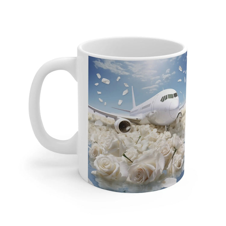 Ceramic Mug 11oz, White Jet floral luxury design portrait art jet-setter fancy pilot stewardess beverage mug gift The Aurora Touch
