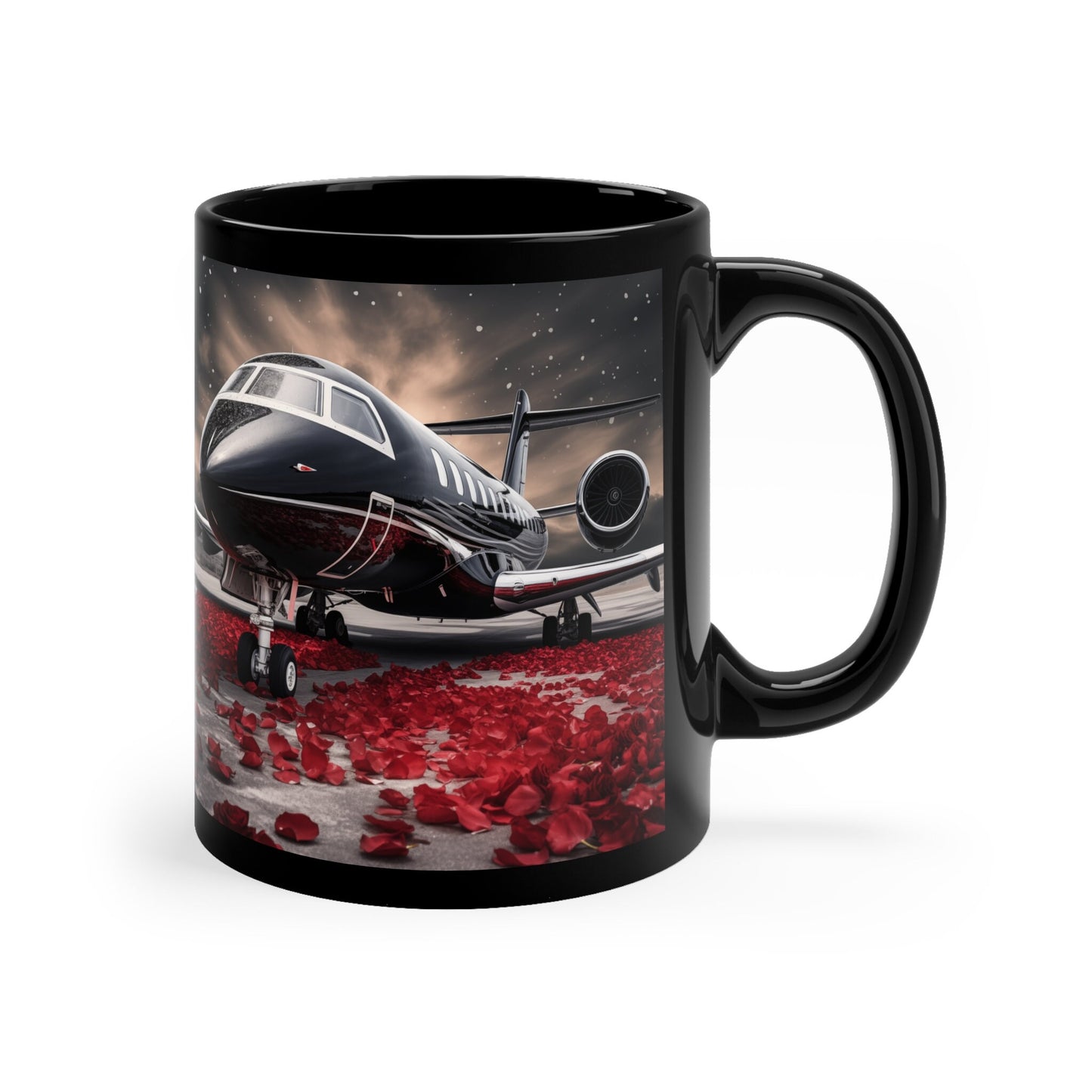 11oz Black Mug, Black Jetsetter fancy red rose petal design traveler beverage cup great for Pilot stewardess gift