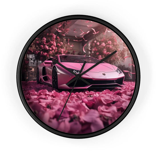 Wall Clock, Pink Lamborghini portrait dorm home room wall art pink rose petals sweet 16 quinceañera Bday gift for luxury exotic car lover The Aurora Touch