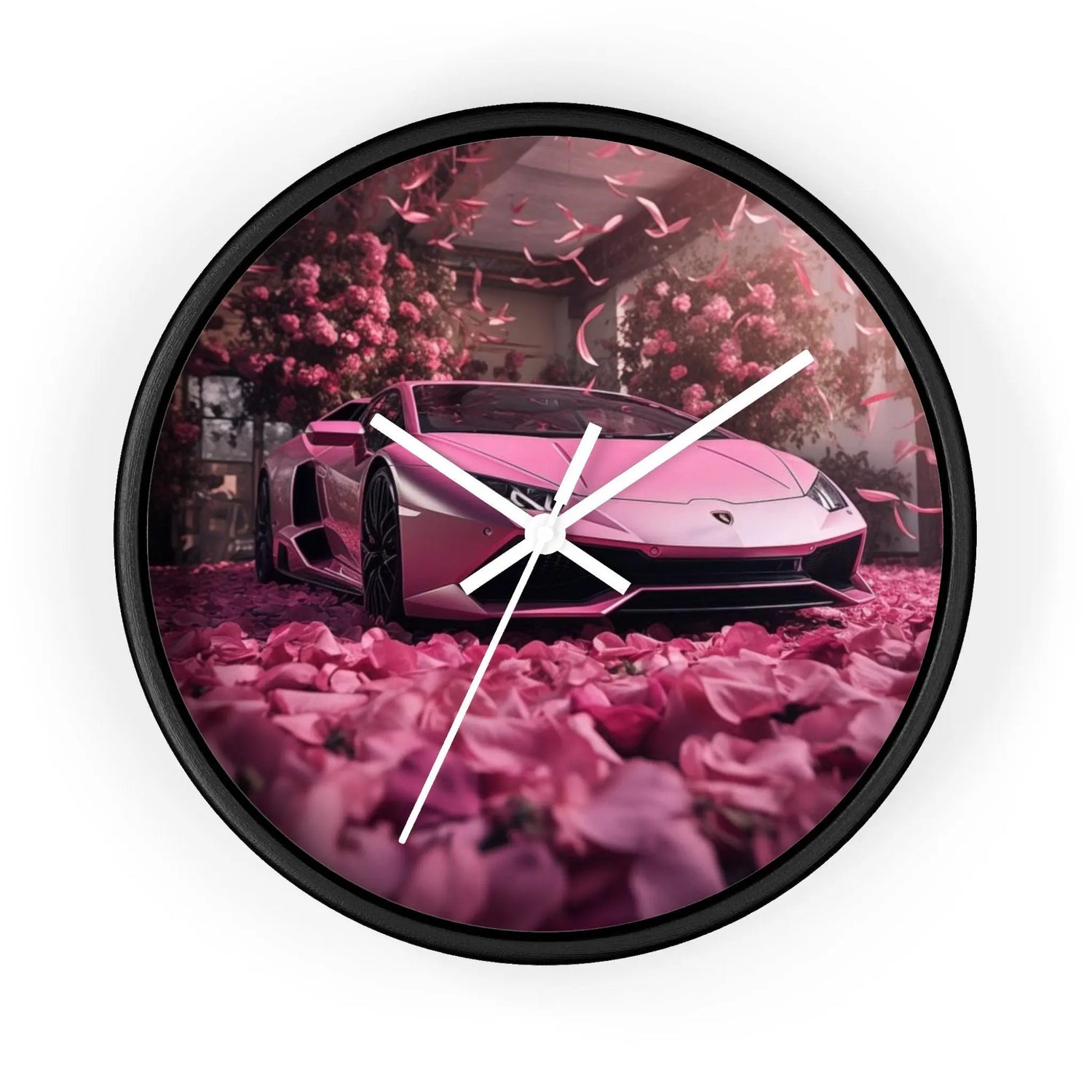 Wall Clock, Pink Lamborghini portrait dorm home room wall art pink rose petals sweet 16 quinceañera Bday gift for luxury exotic car lover The Aurora Touch